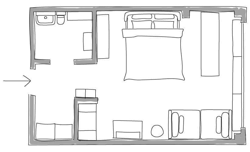 Illustrated aerial view of a small studio apartment.