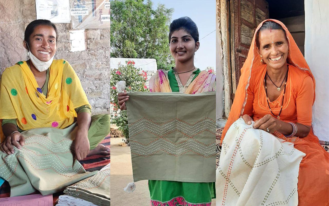 Three artisans and their embroideries.