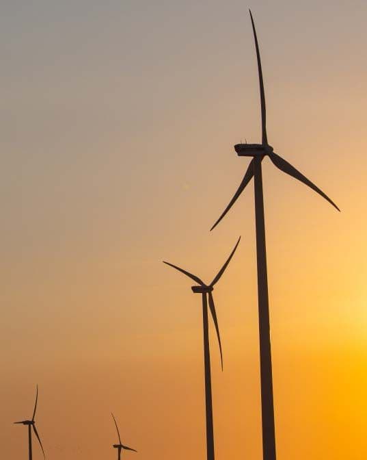 Two turbines stand in a row at sunset, with two more in the background. The sky is orange, illuminated by the sun.