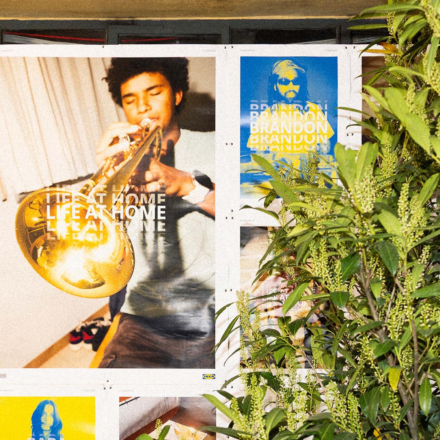 A poster showing a person playing a trumpet next to a large green plant.