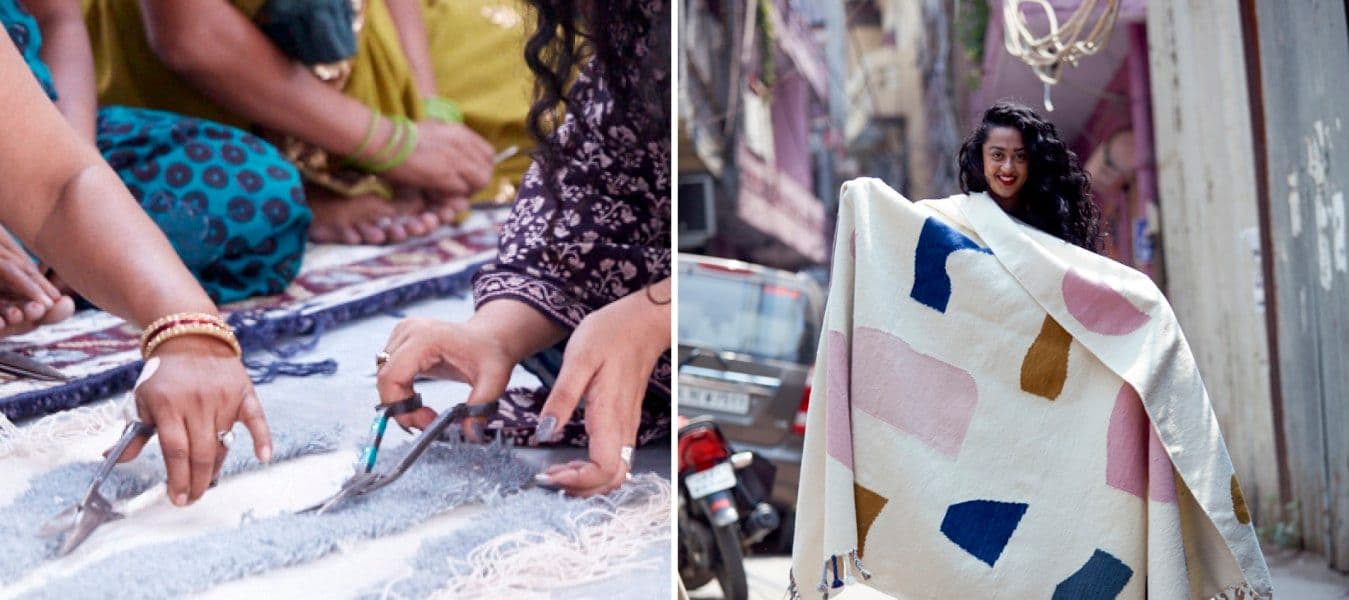 Collage of hands embroidering textiles and Akanksha Deo holding an embroidered rug with large organic shapes in playful colours.