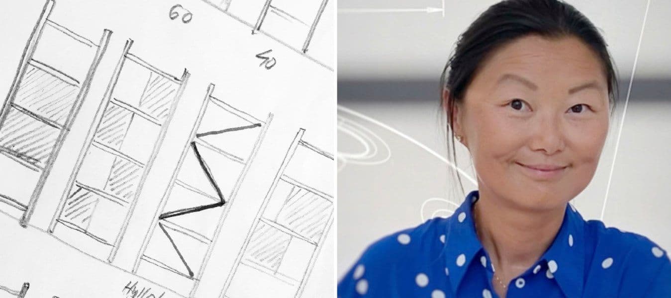 Collage with portrait of Bonnie Yu and storage furniture sketches.