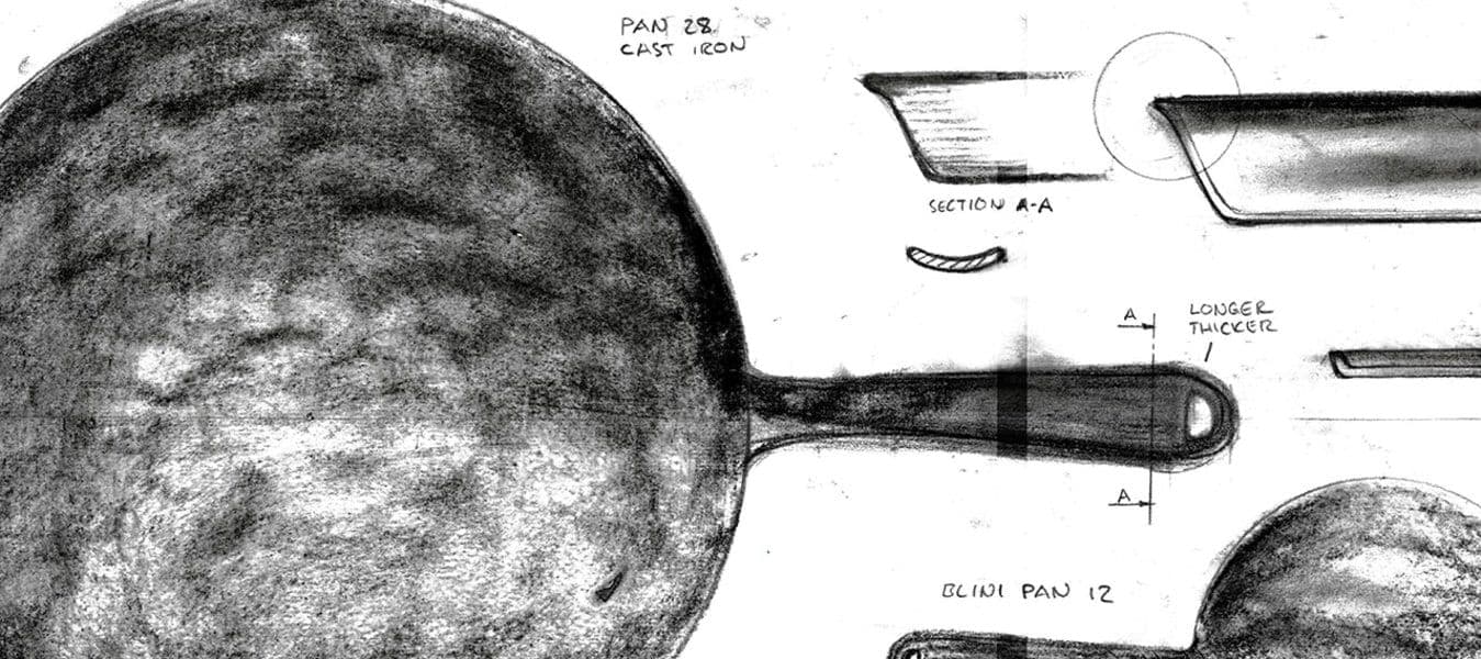 Black and white handmade design sketches for a blini pan.