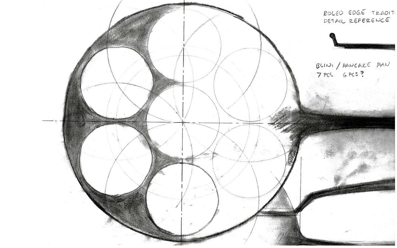 Black and white handmade design sketches for a pancake pan.