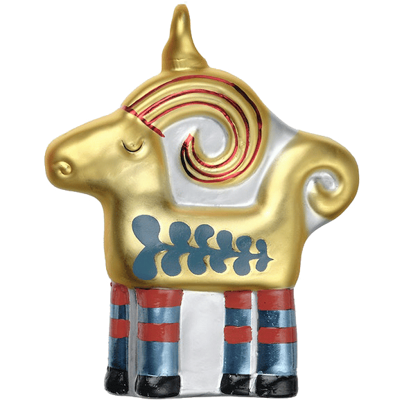 A gold, blue and red holiday ornament.