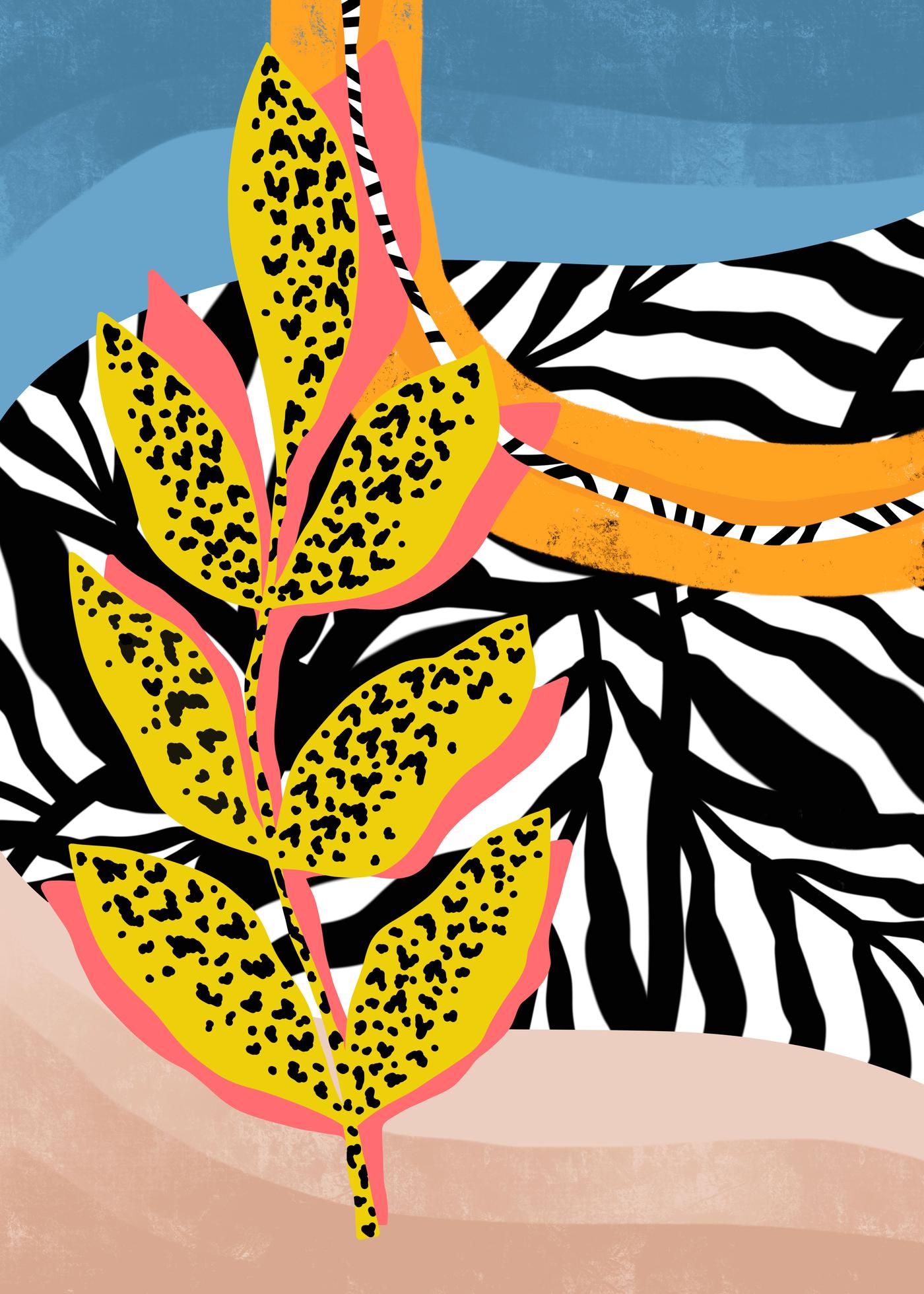 A pattern with a yellow and red plant with black dots.