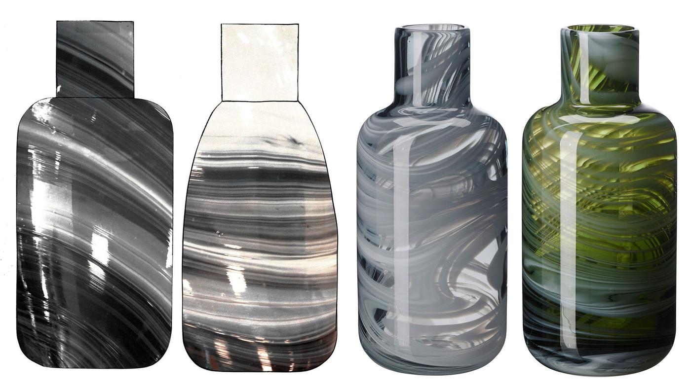 Four flask-shaped vases in coloured glass.