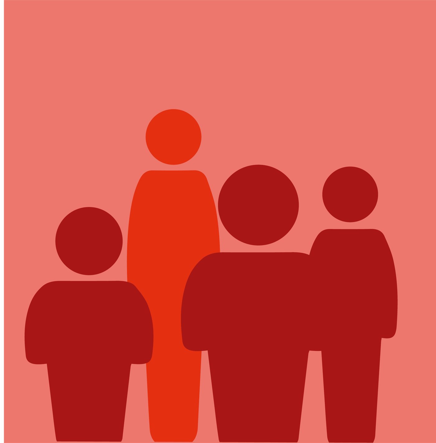 A red illustration of people of different sizes against a red background.
