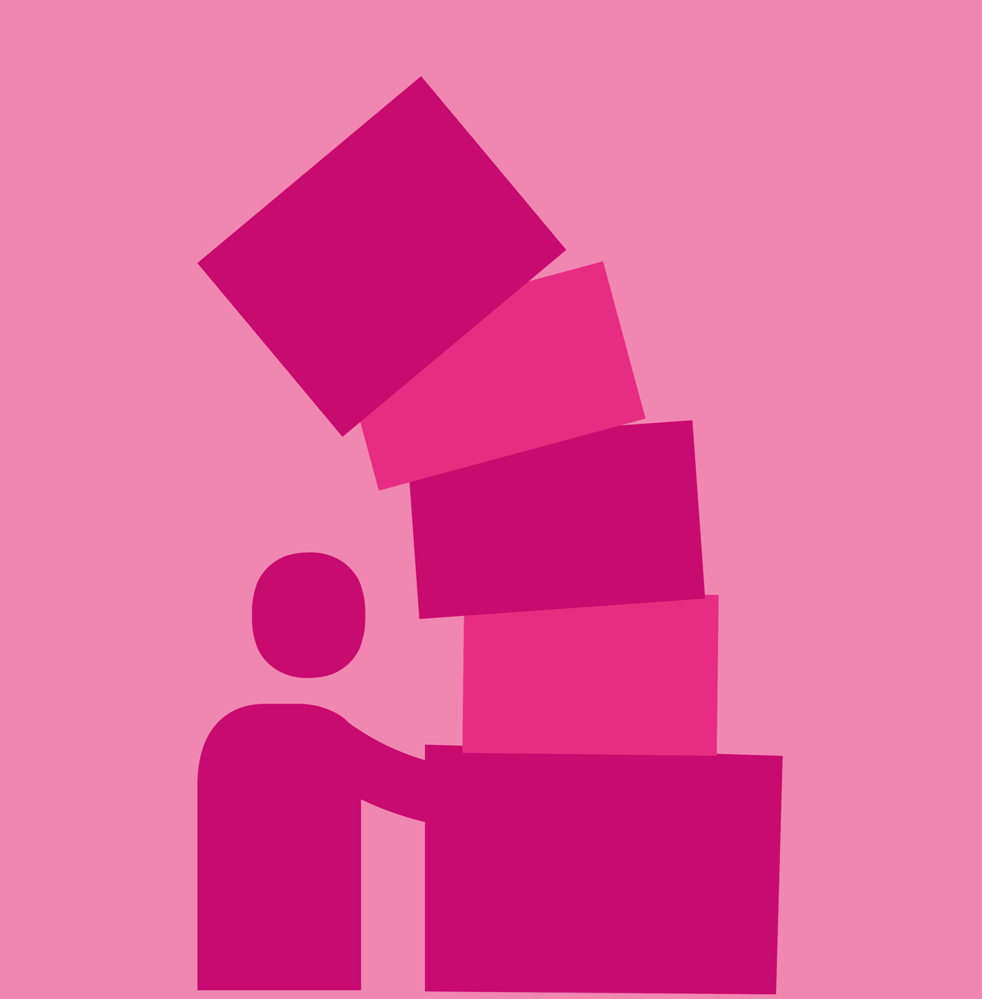 A pink illustration of a person holding a pile of toppling boxes against a pink background.