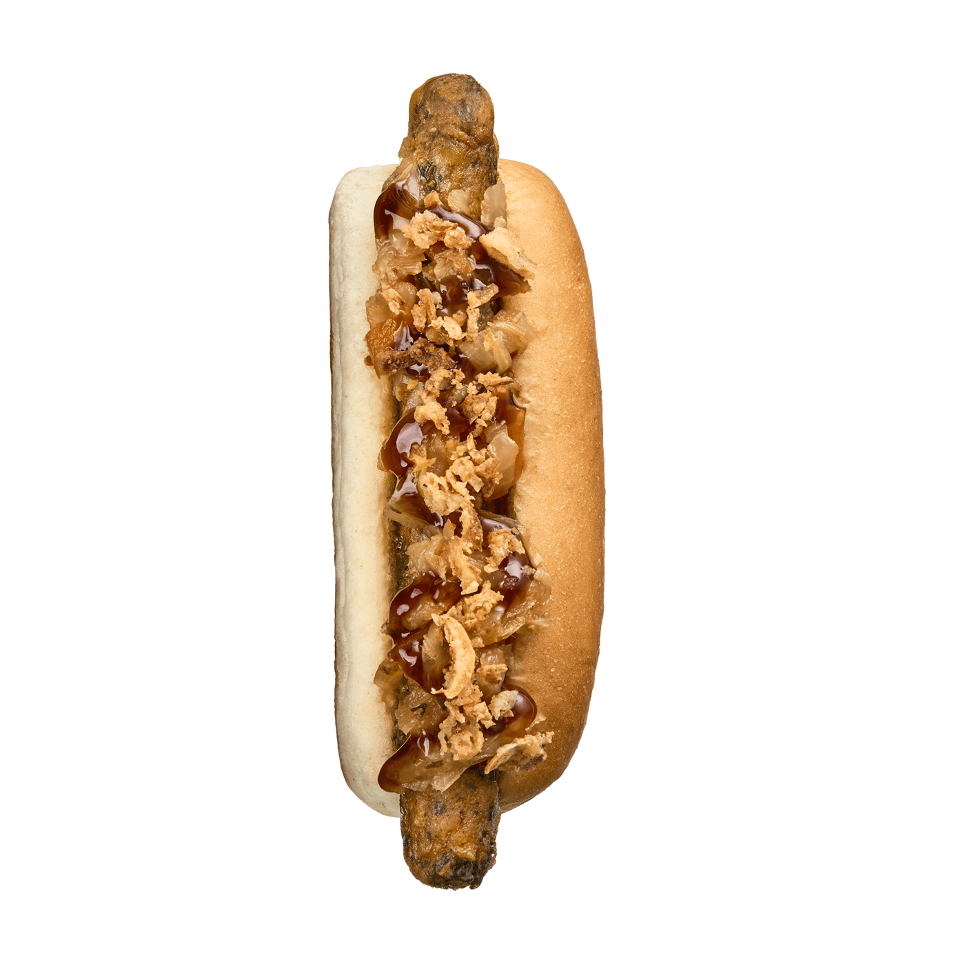 A hotdog with onion, kimchi and teriyaki topping.