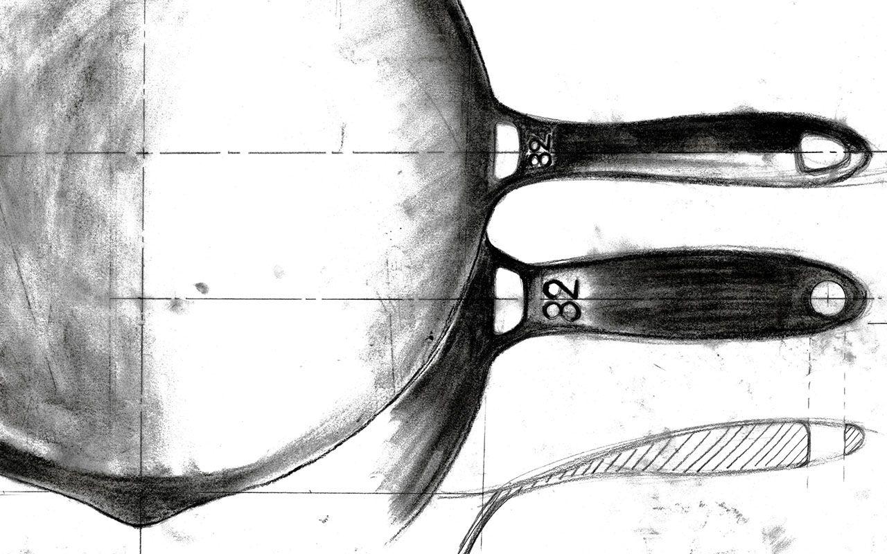 Black and white handmade design sketches for a frying pan.