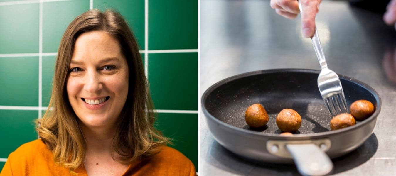 A woman and a closeup of plant balls being cooked in a skillet.