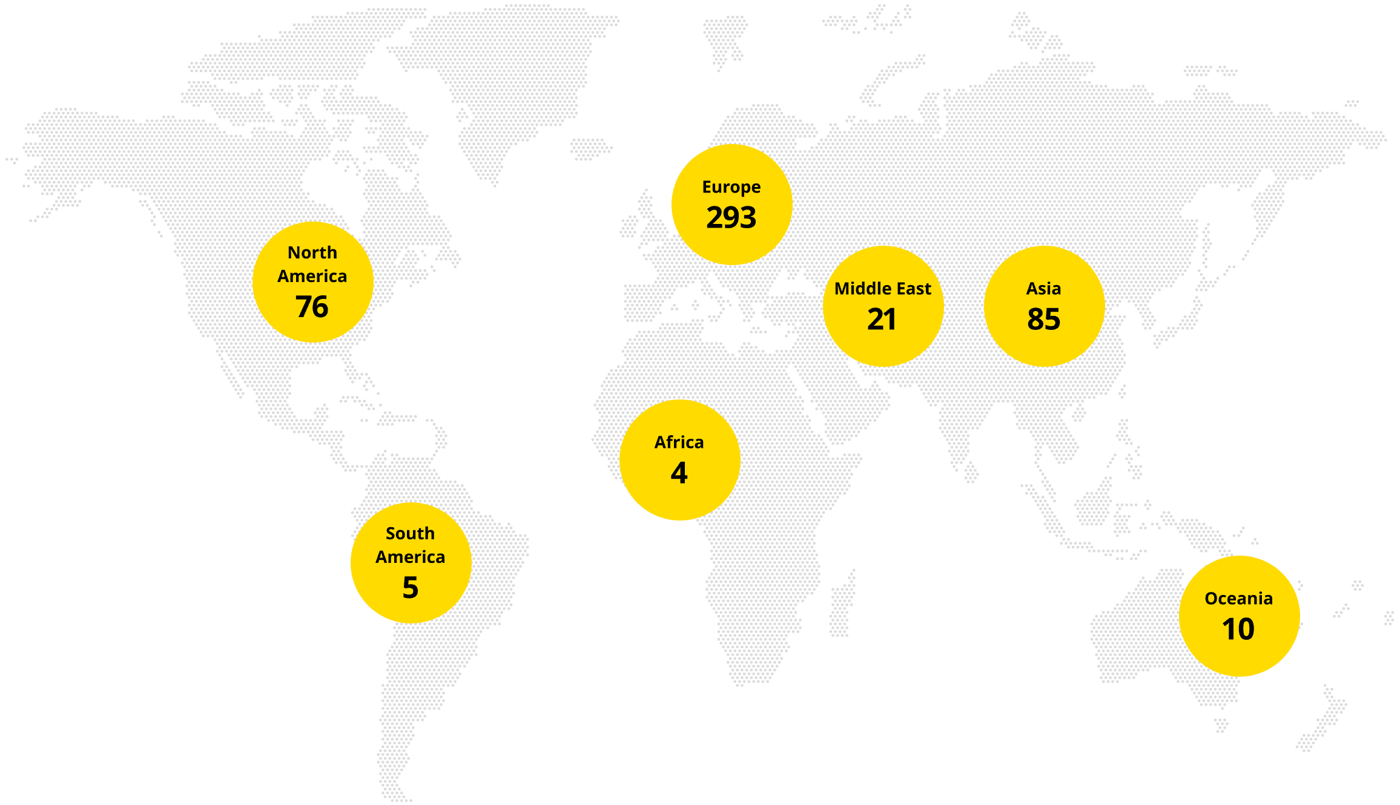A world map overlaid with yellow circles with region names and numbers.