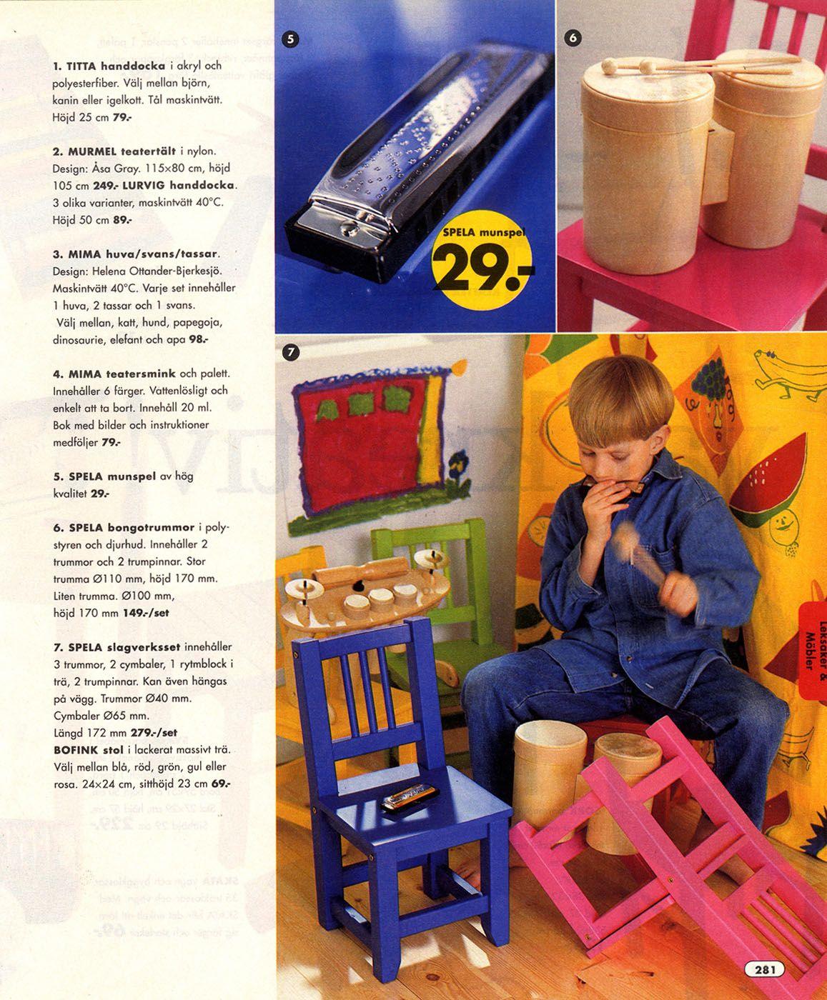 A page from an old IKEA Catalogue showing a harmonica, bongo drums and a boy playing them.