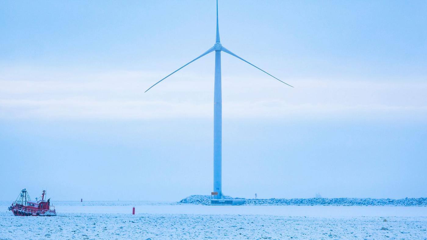 A wind turbin at sea.