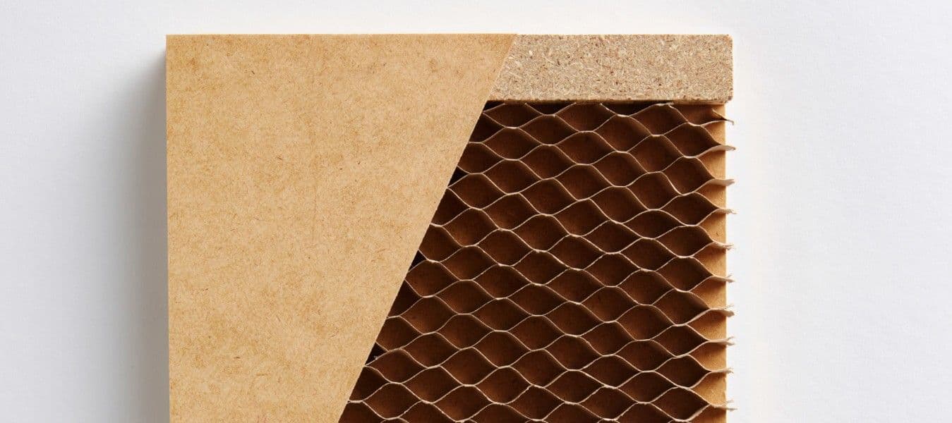 A cross section of a furniture panel showing an outer layer of masonite, a frame of particle board and a honeycomb core.