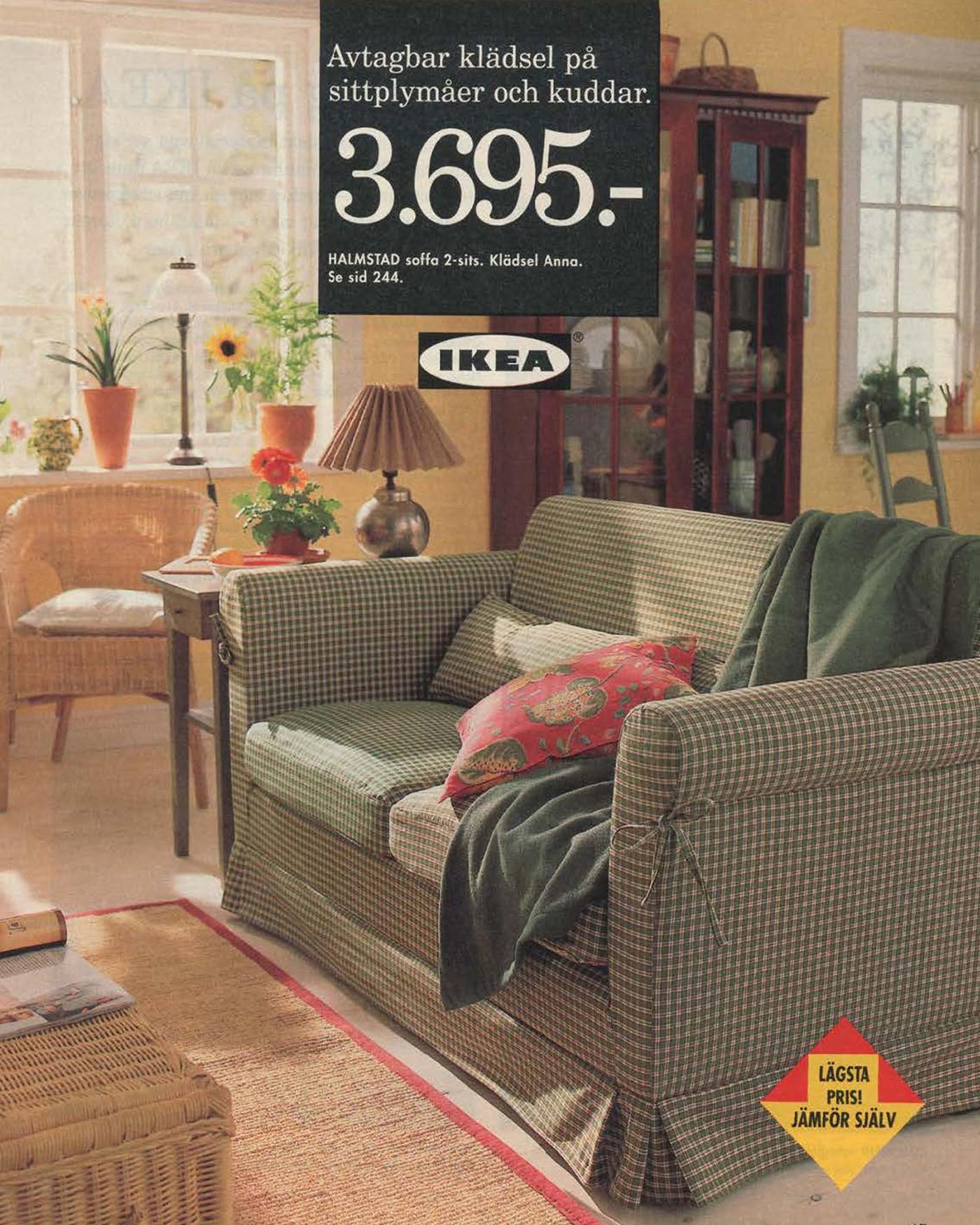 A checked green sofa with bows on the arms, in a bright, traditional style living roomset in the 1996 IKEA Catalogue.