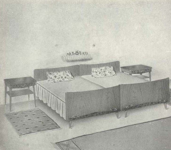 A black and white illustration of a bedroom from the 1951 IKEA catalogue.
