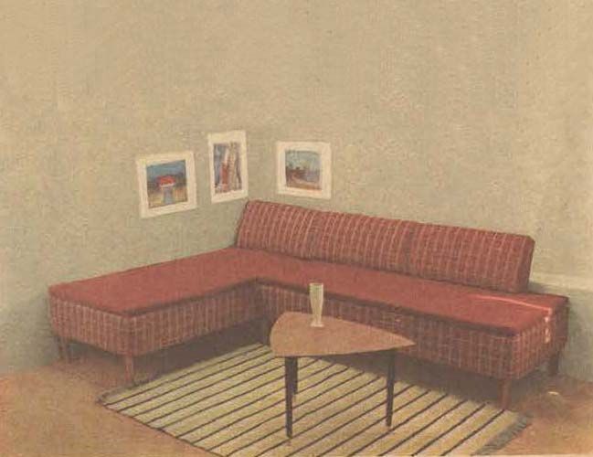 An AVENY corner bed/sofa in red, from the 1957 IKEA catalogue.