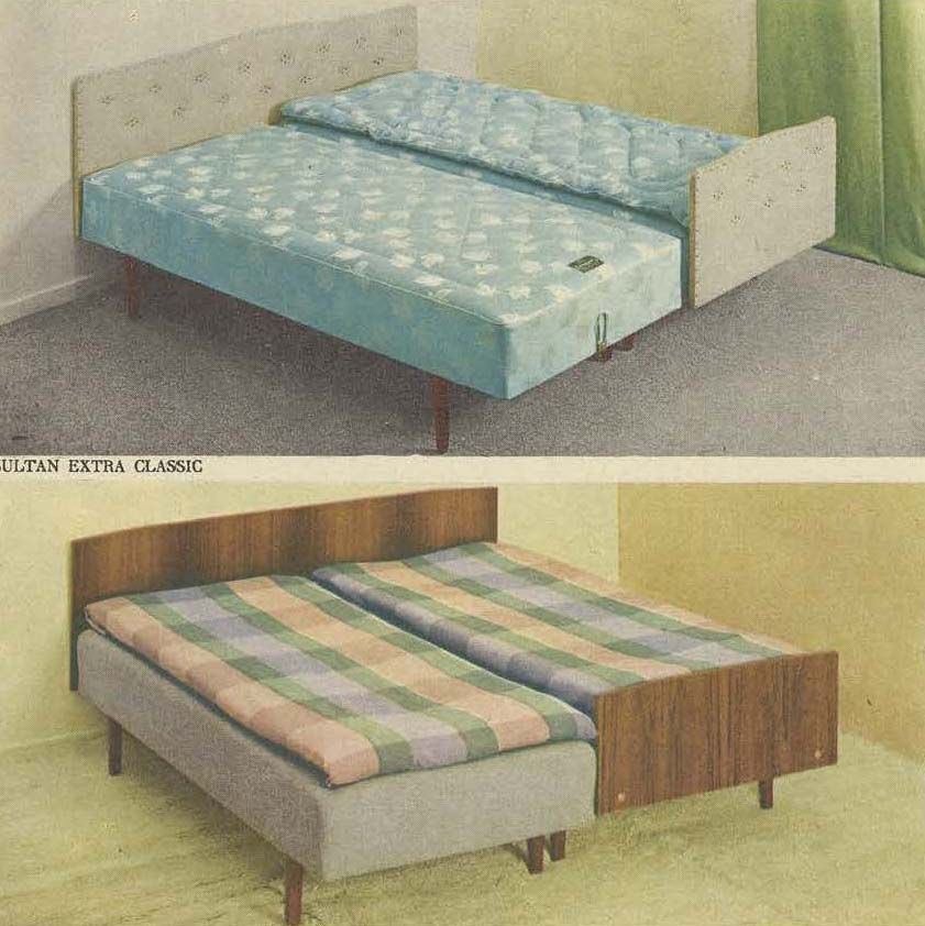 The 1963 IKEA catalogue showing two different sets of twin beds. The top set have blue mattresses with white headboards and footboards, while below has wood head and footboards.