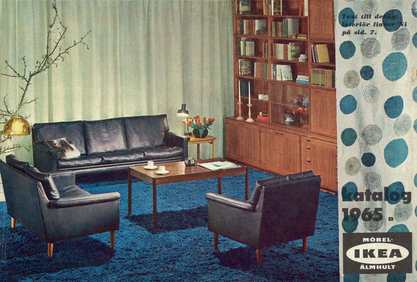 Front cover of the 1965 IKEA catalogue showing a black sofa anc chairs, and blue carpet.