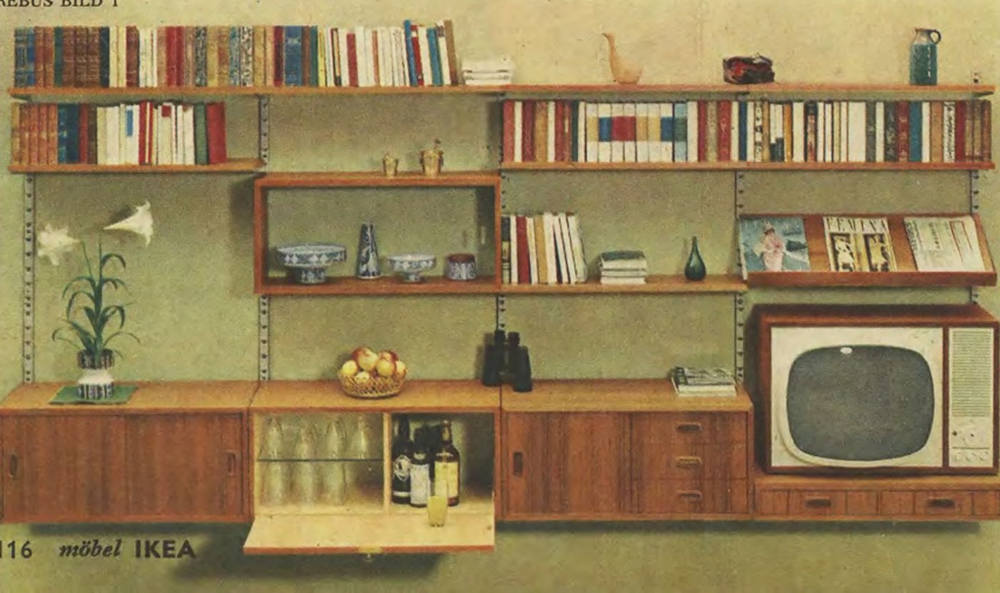 The 1965 IKEA catalogue showing shelves with a TV and drinks cabinet.