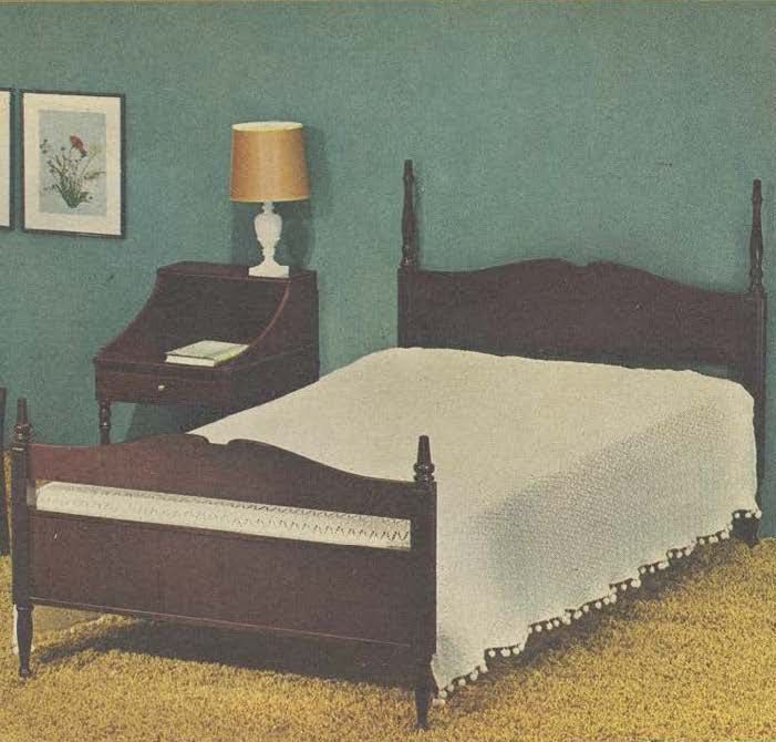 The 1967 IKEA catalogue showing a dark wood bed in a blue bedroom.