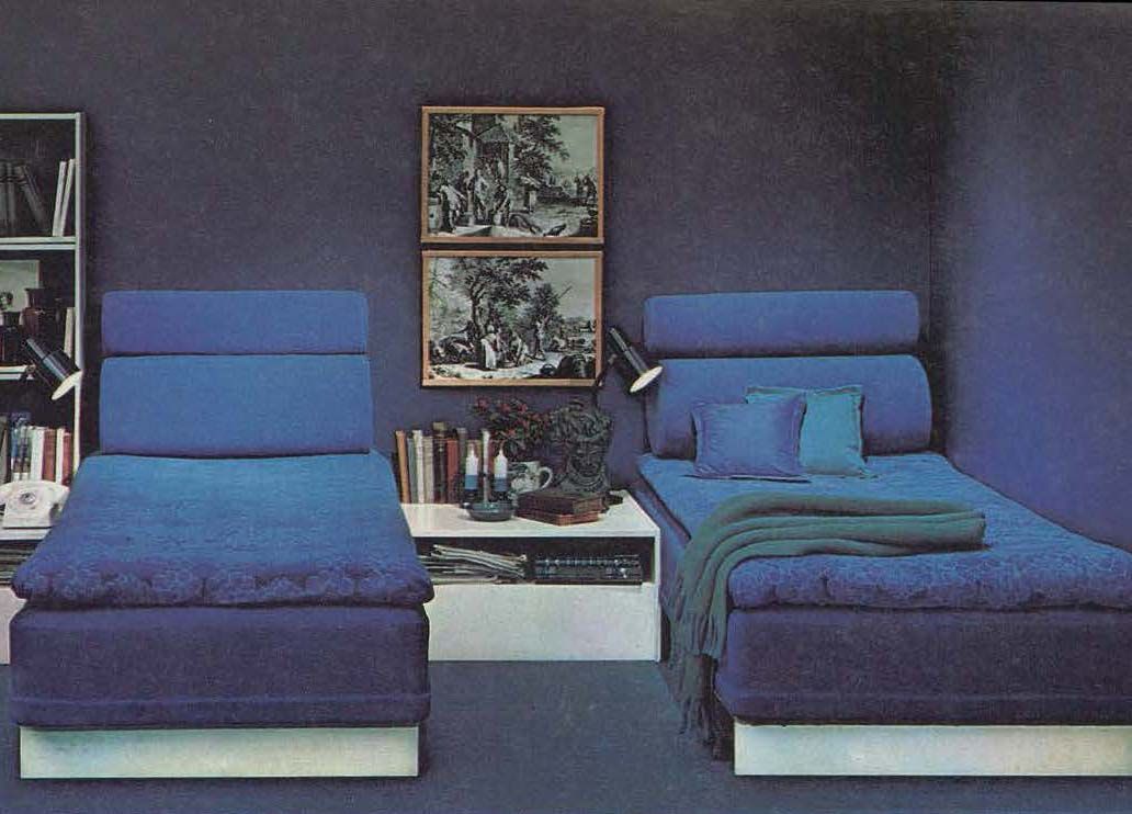 The 1970 IKEA catalogue showing a dark blue bedroom with two blue single beds. There are pictures on the wall.