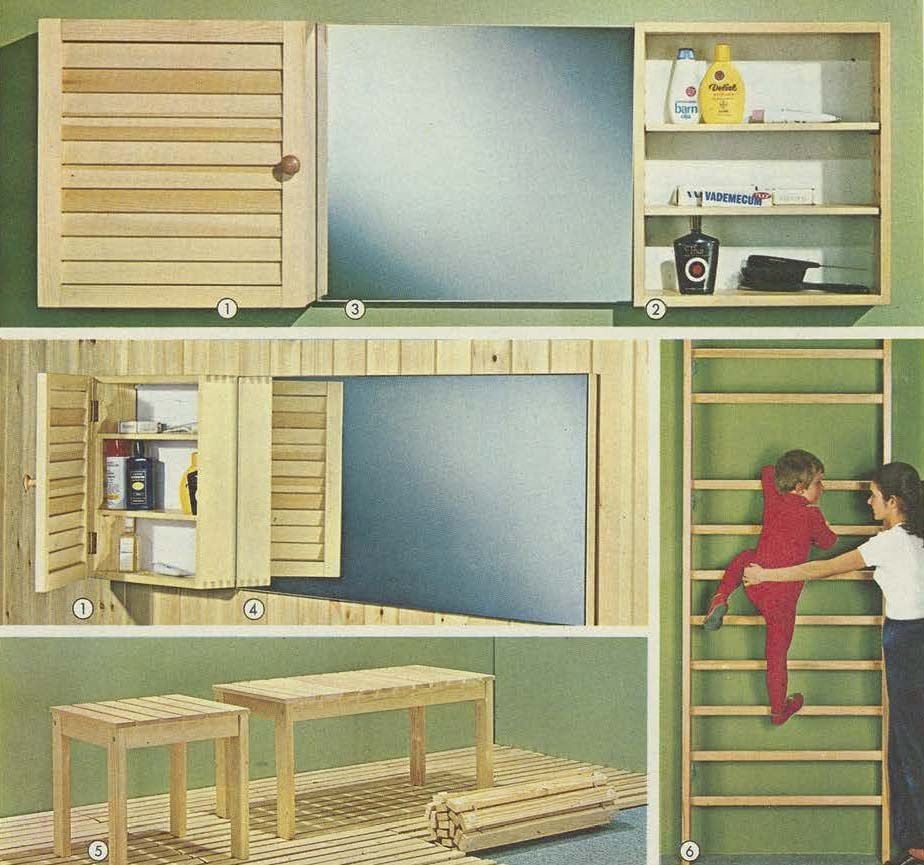 Pine bathroom units and sauna furniture. A child climbs up a ladder, supported by a woman.