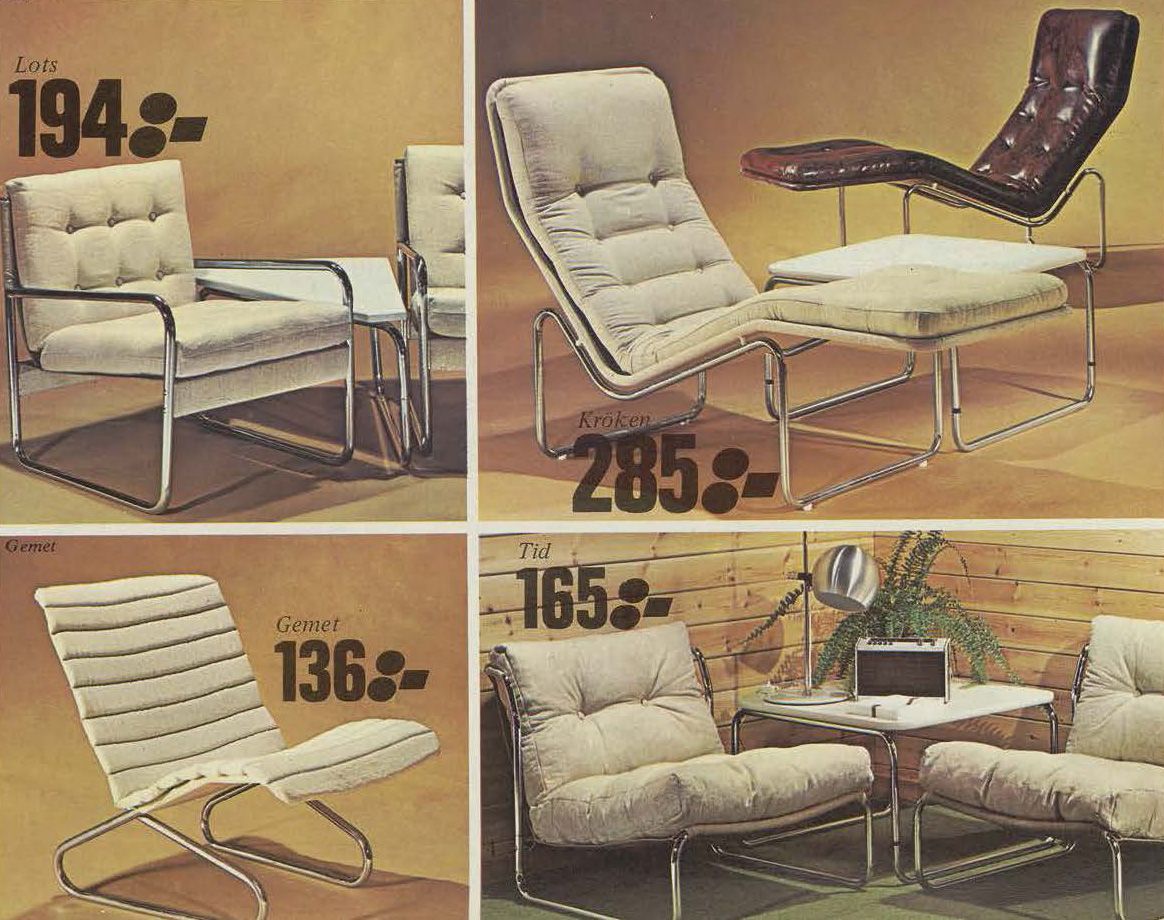 A variety of metal tube frame chairs from the 1973 IKEA catalogue