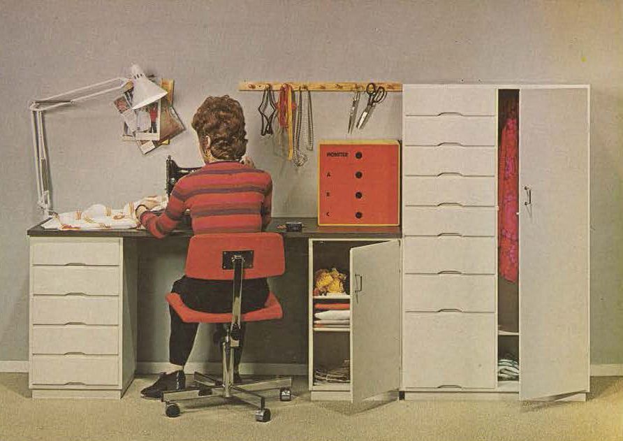 A woman works at her sewing machine in the 1973 IKEA catalogue