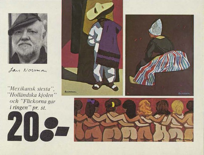 A photo of artist Lars Norrman, along with three of his paintings from the 1973 IKEA catalogue.