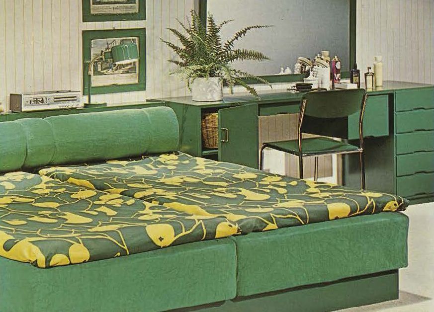 A green bedroom featured in the 1973 IKEA catalogue