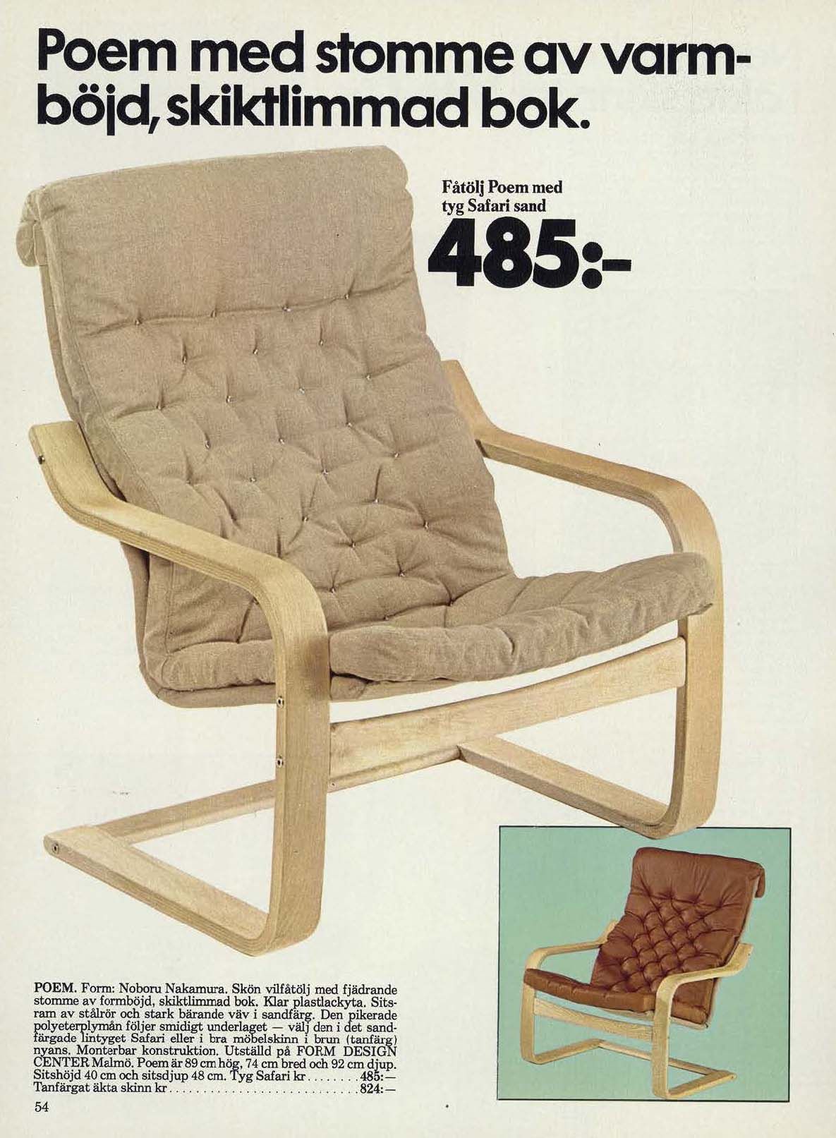 An image from the 1977 IKEA catalogue showing a POEM chair in light wood with a natural cover.