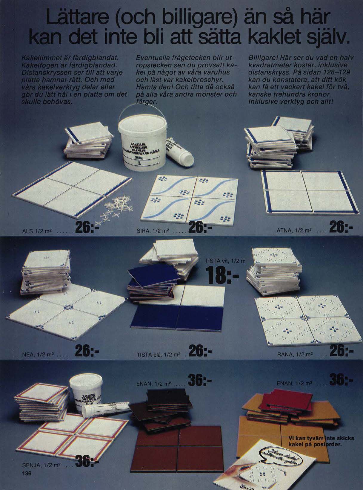 A page from the 1980 IKEA catalogue showing ceramic tiles and glue.