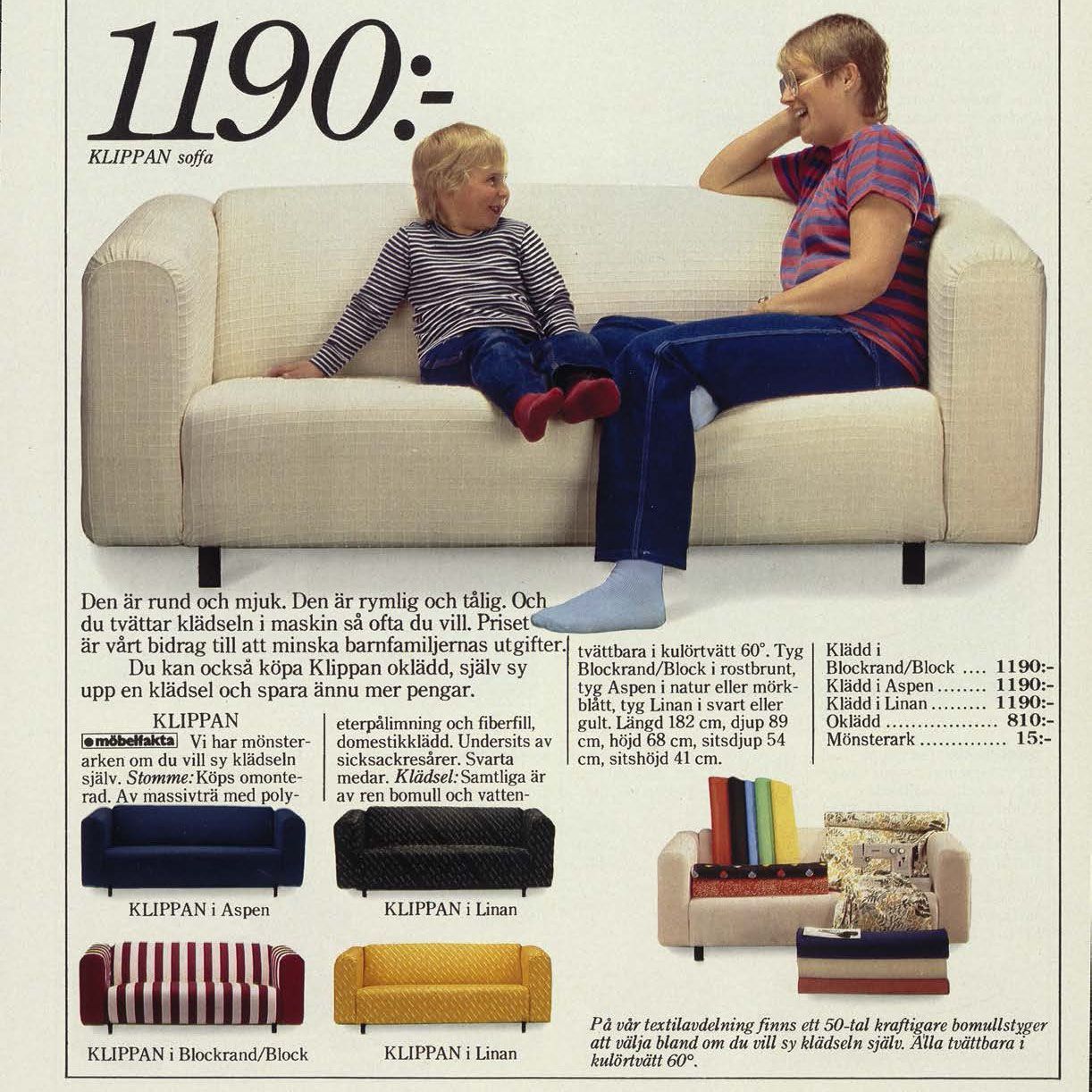 An adult and child sitting on a white KLIPPAN sofa on a spread in the IKEA Catalogue.
