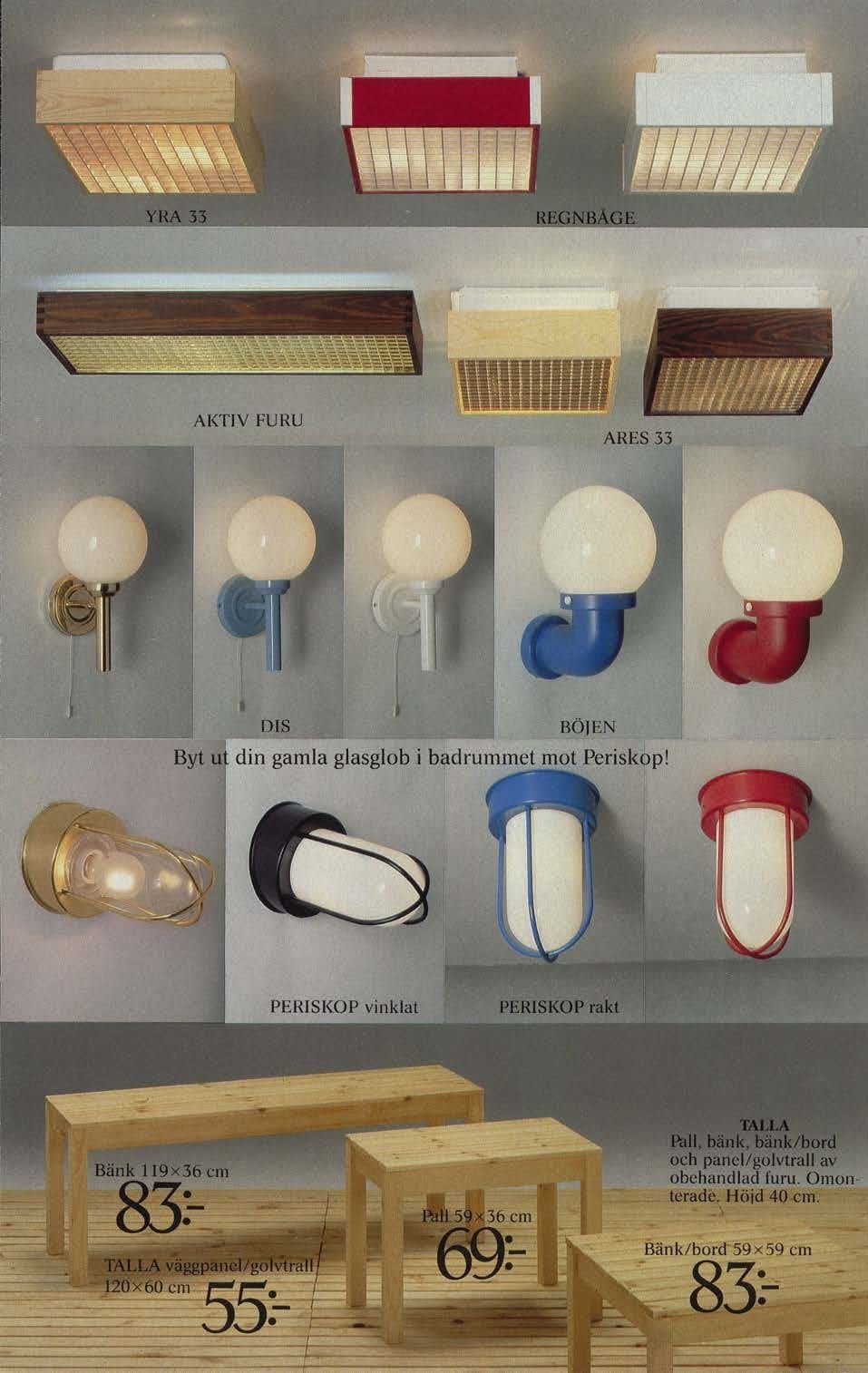 A page from the 1983 IKEA catalogue, showing bathroom lighting and pine sauna benches.
