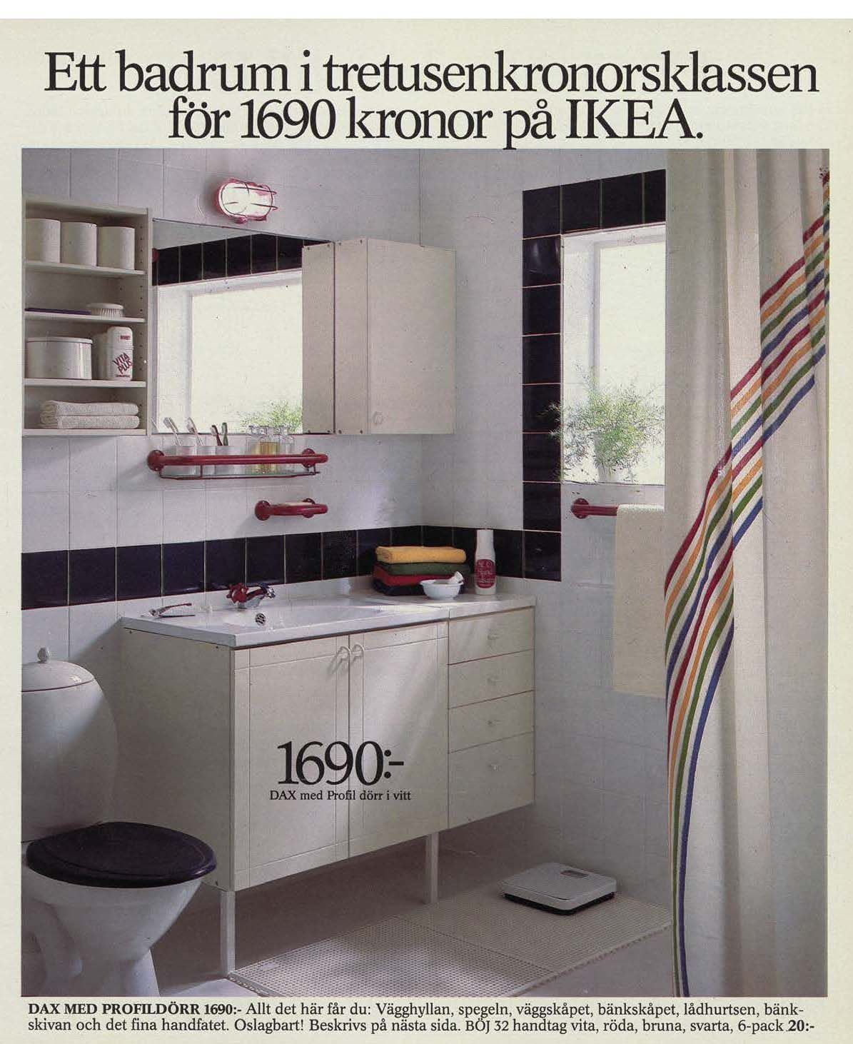 A page from the 1985 IKEA catalogue, showing a white bathroom with black details.
