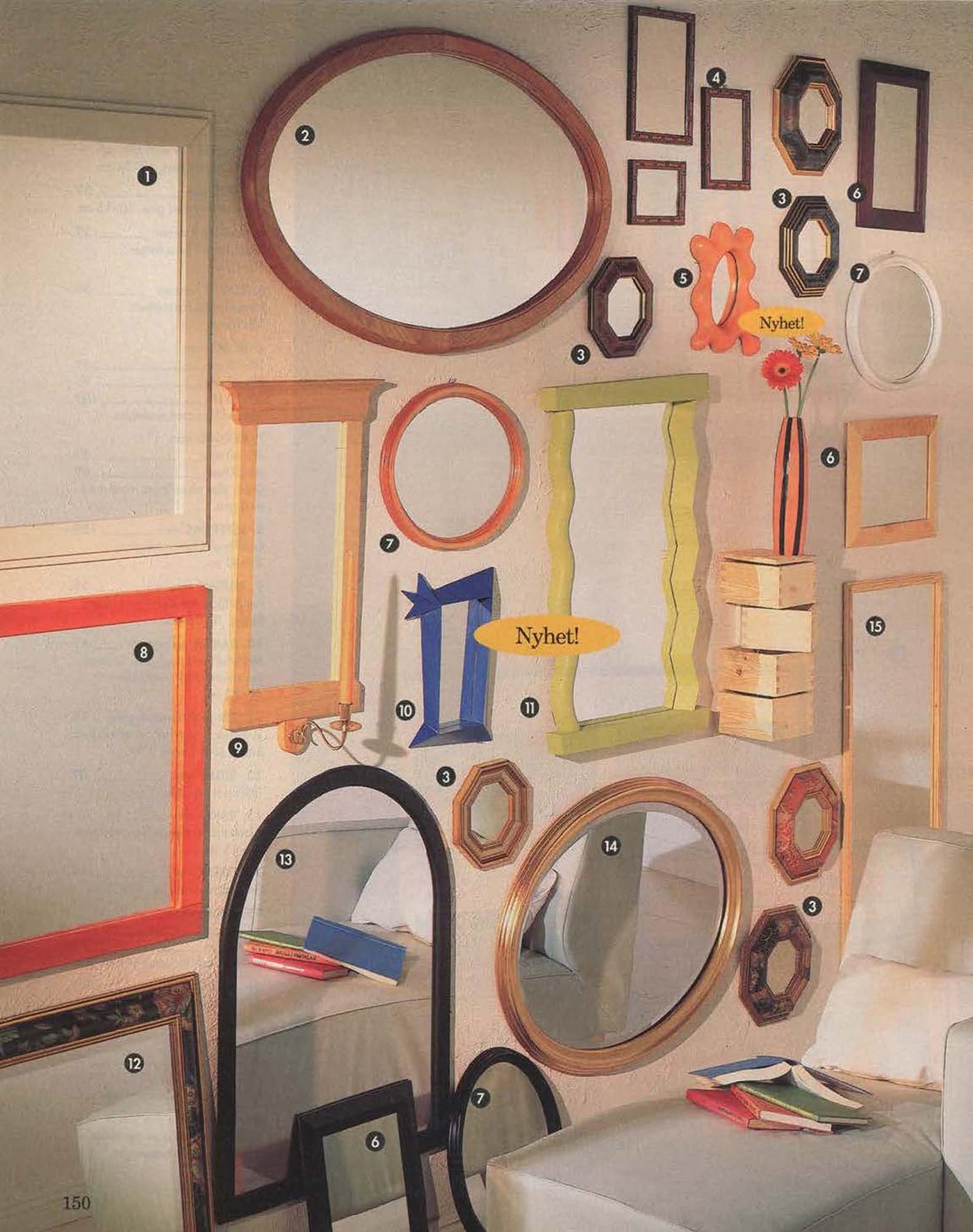 A page from the 1996 IKEA Catalogue, featuring a variety of mirrors in different shapes, colours and sizes, on a wall.