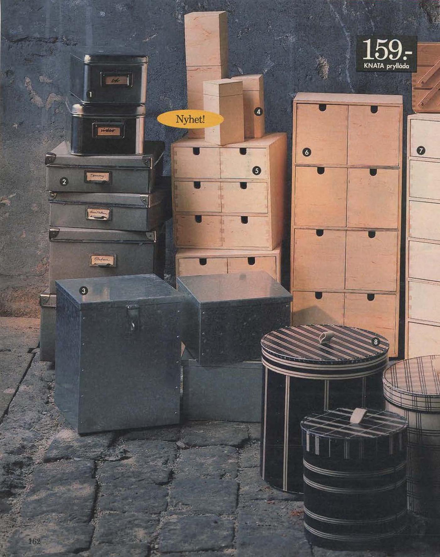 A collection of wood and metal drawer units in an industrial setting from the 1996 catalogue.