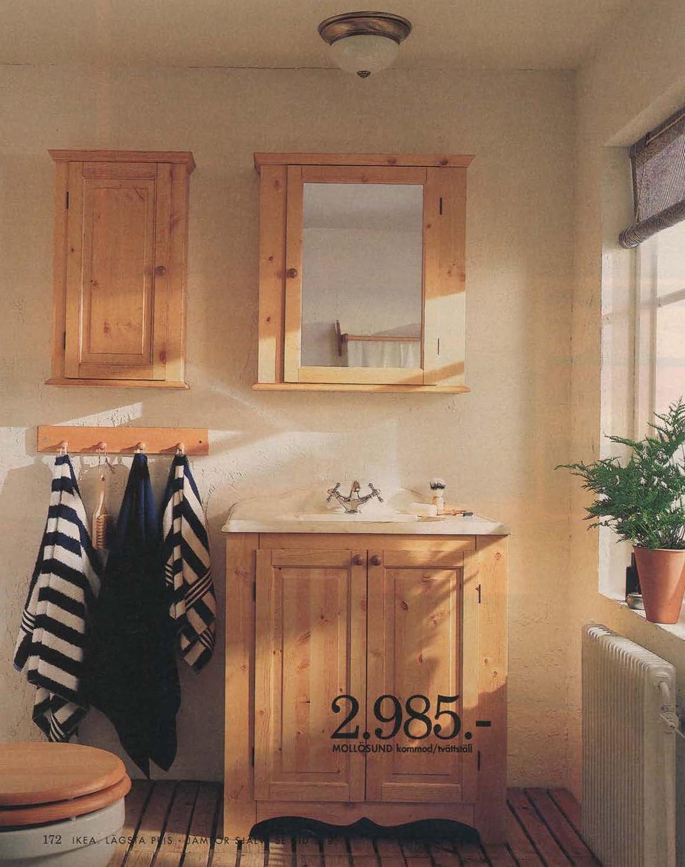 Wood bathroom cupboards and cabinets from the 1996 IKEA Catalogue.