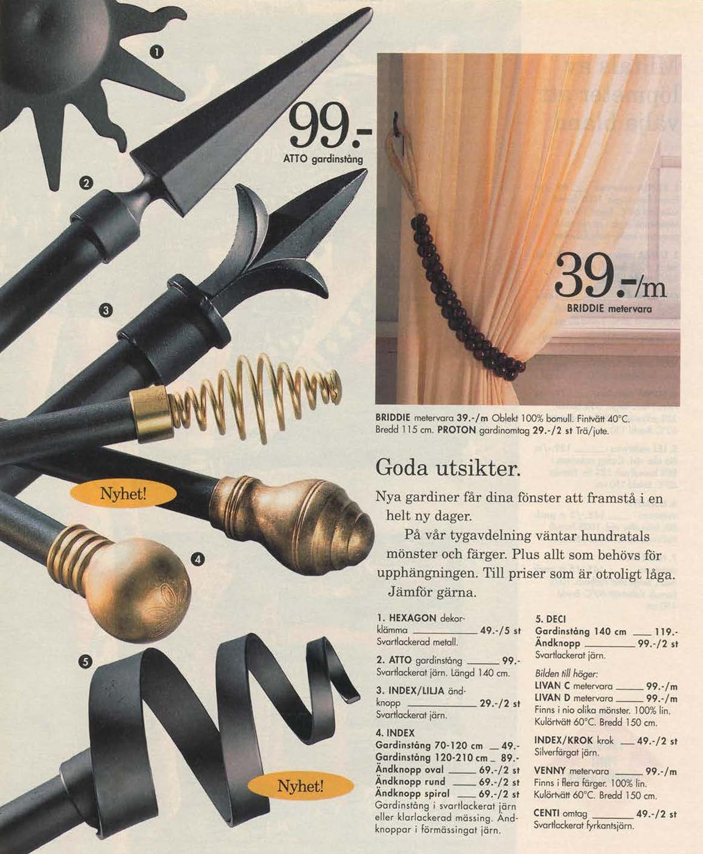 A page from the 1996 IKEA Catalogue, showing a variety of curtain finials.
