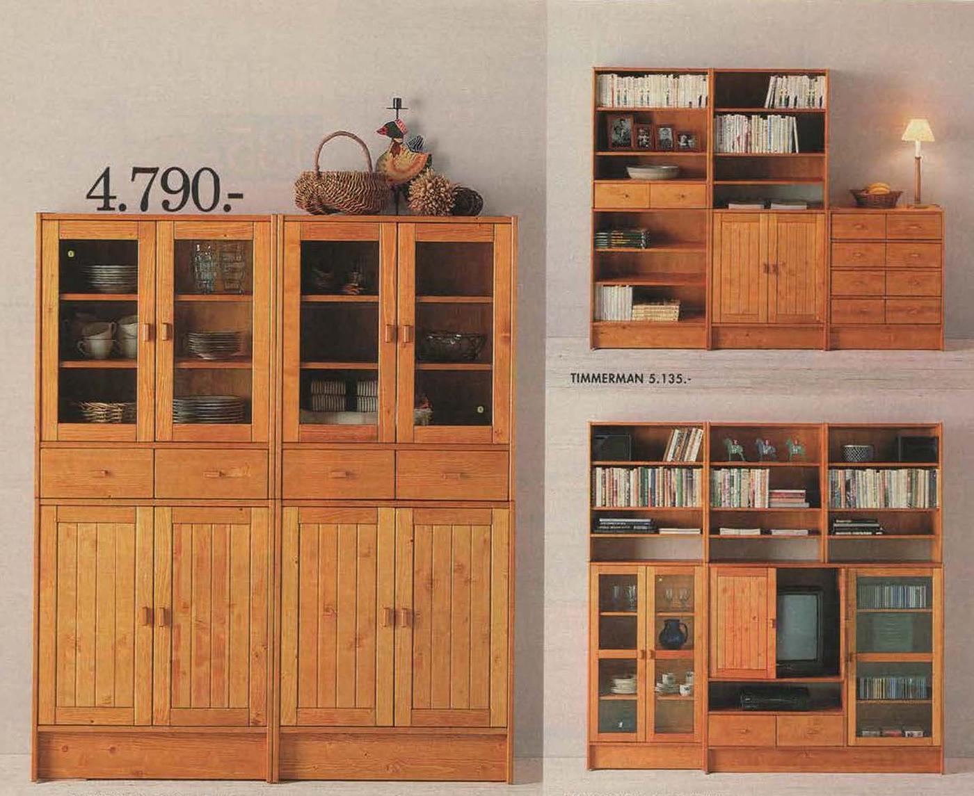 A page from the 1996 IKEA catalogue showing three separate wood storage units against a light wall background.