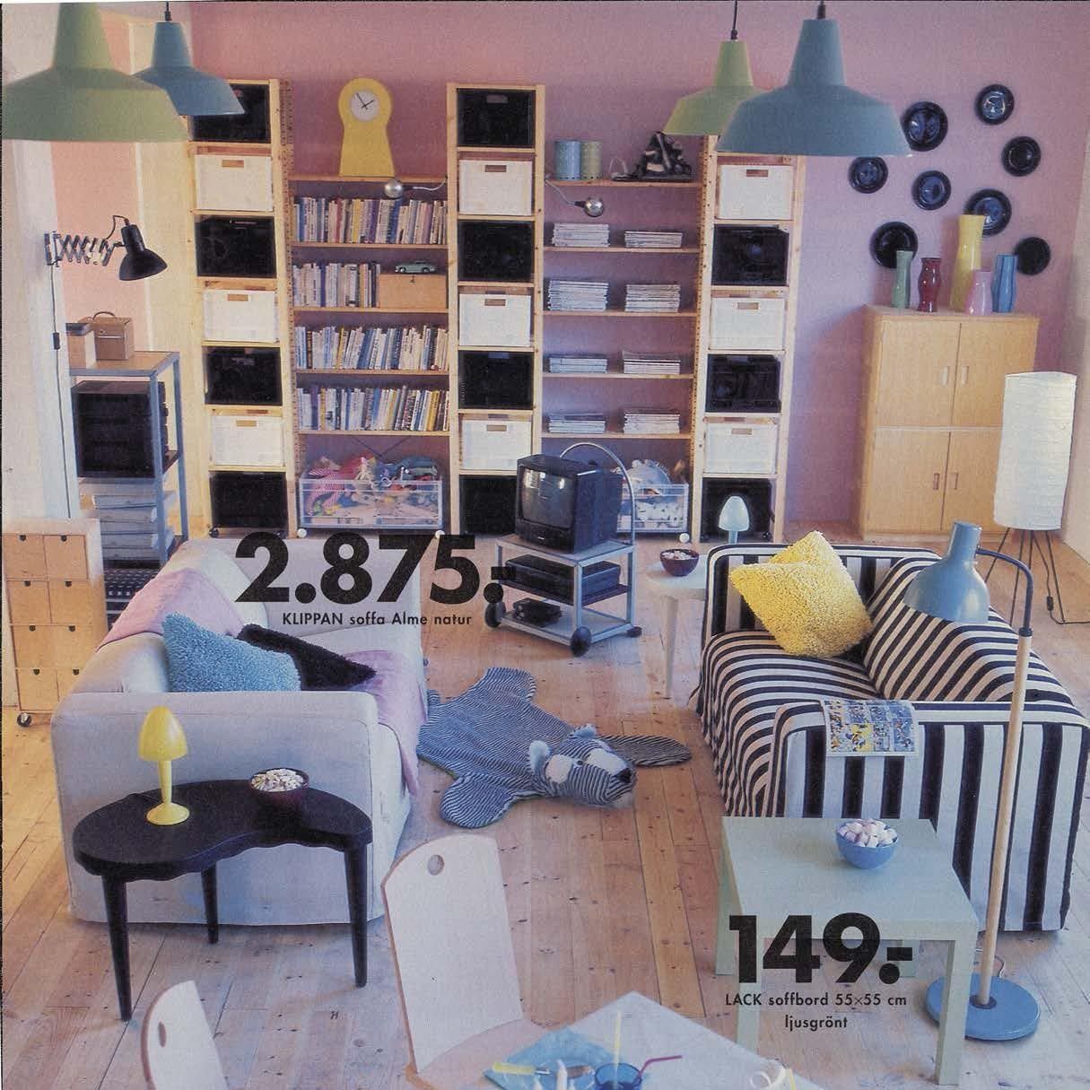 A light, playful living room with two KLIPPAN sofas: one white, and one with thick black and white stripes.