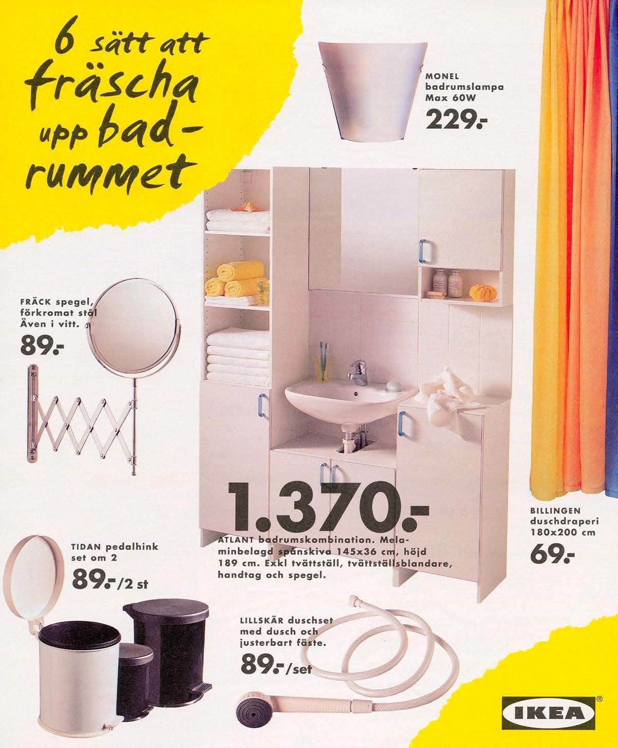 A page from the 1998 IKEA catalogue, featuring furniture, accessories and a shower head.