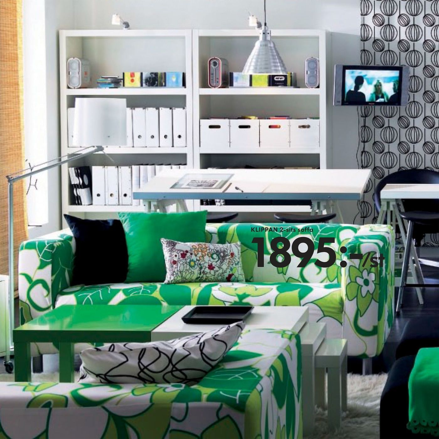 White room with a bright green patterned KLIPPAN sofa.
