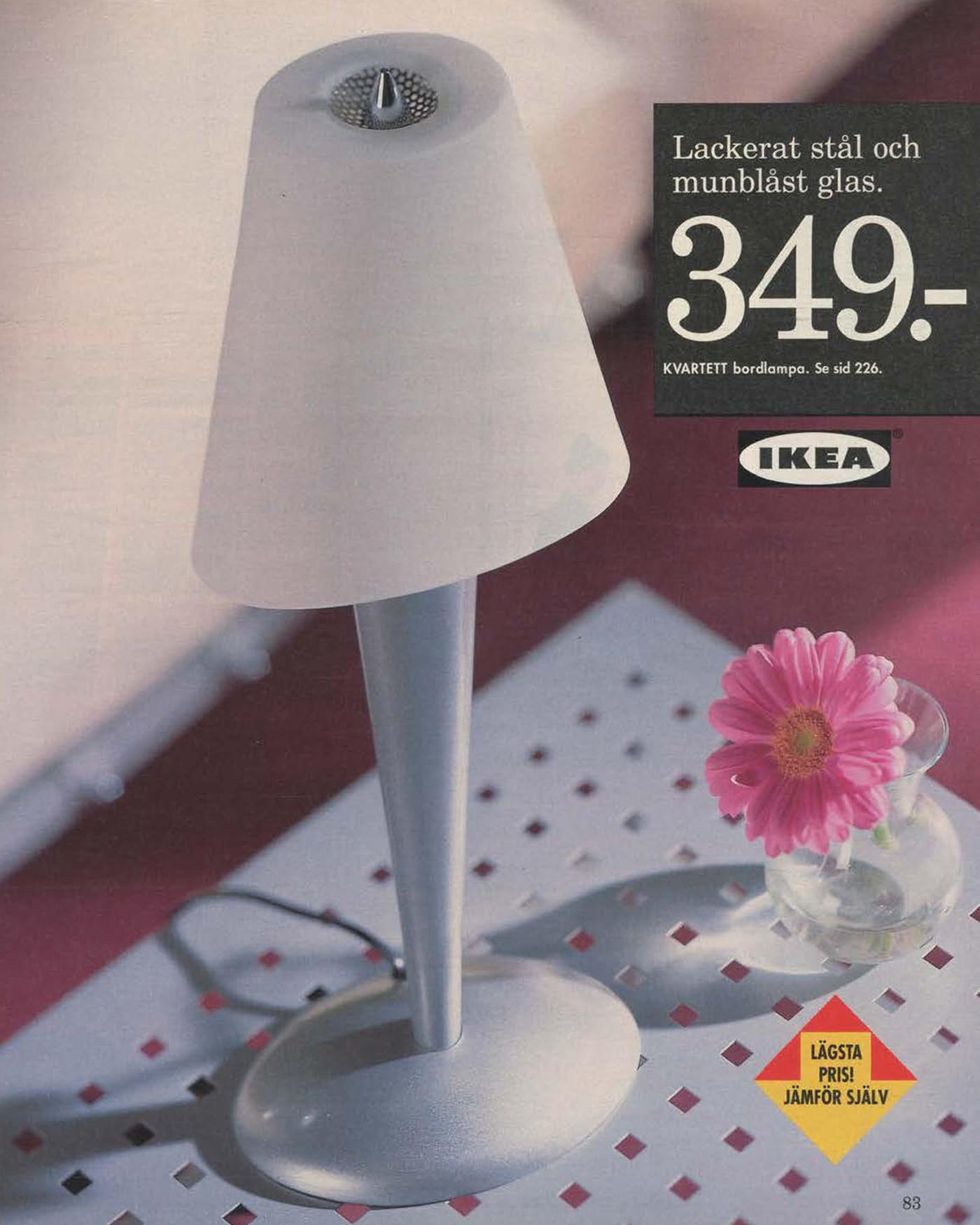 A lacquered metal lamp with a white frosted glass frame on a perforated metal table, featured in the 1996 IKEA Catalogue.