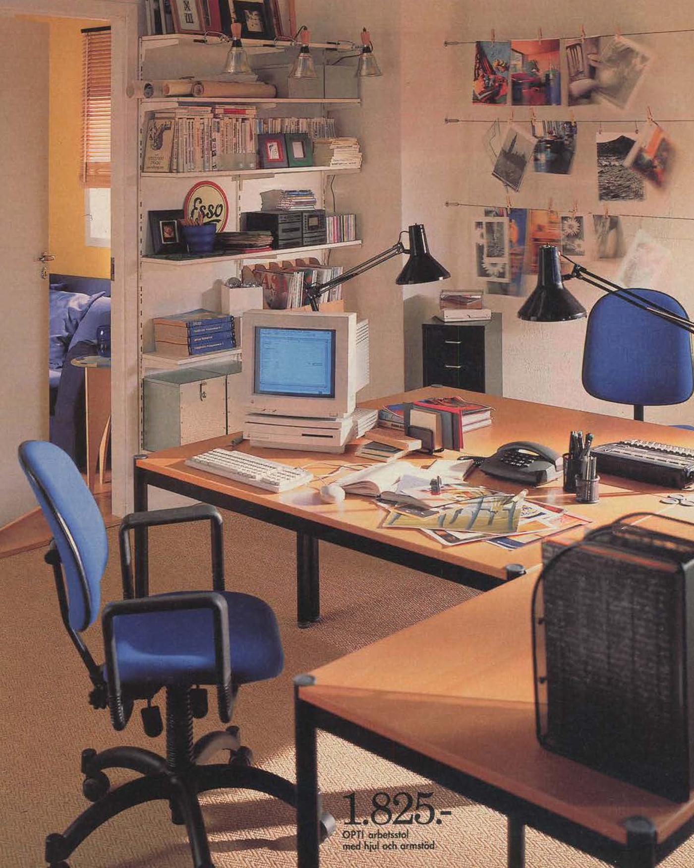 A home office, with a small desktop computer, from the 1996 IKEA Catalogue.