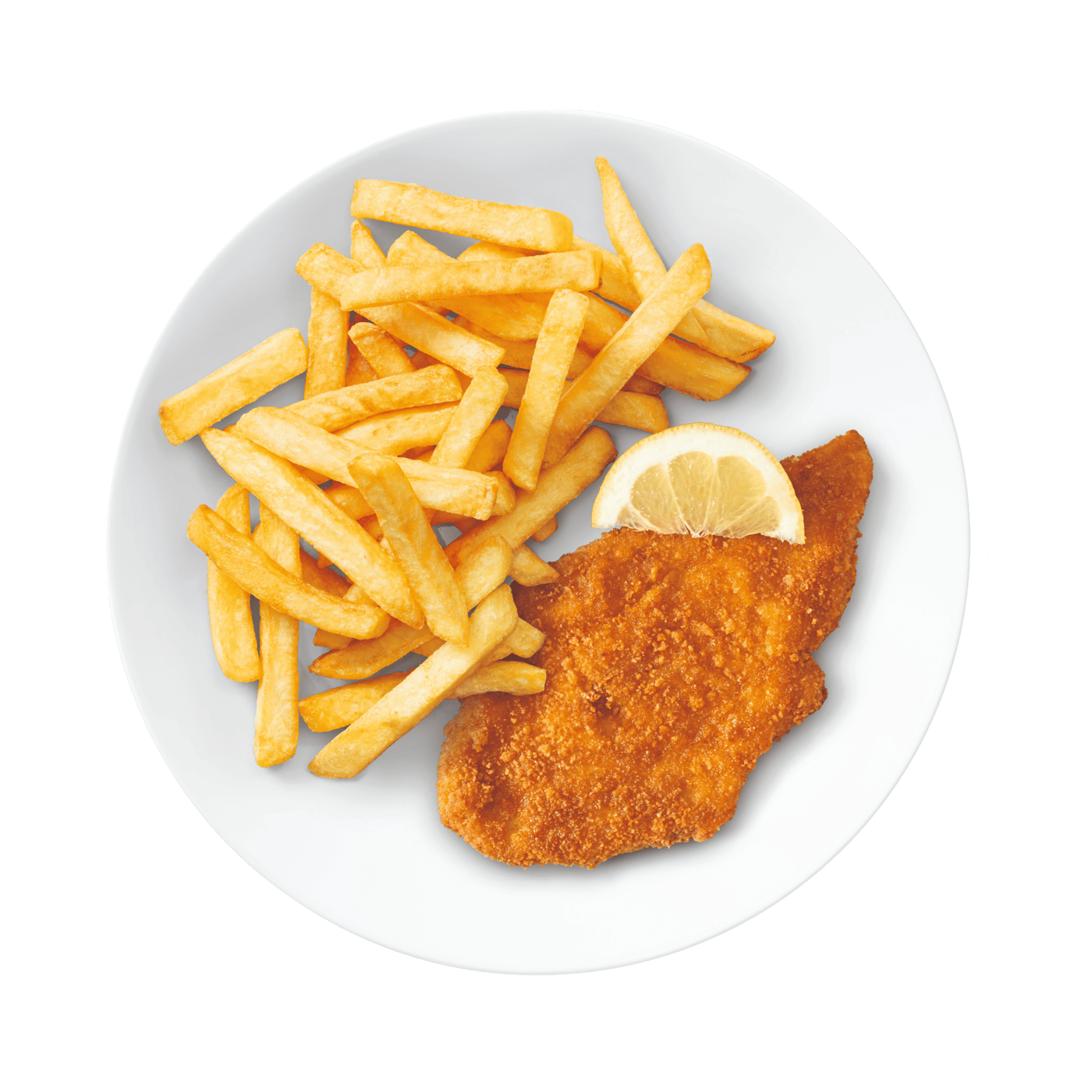 A plate with a chicken schnitzel, a slice of lemon garnish and french fries.