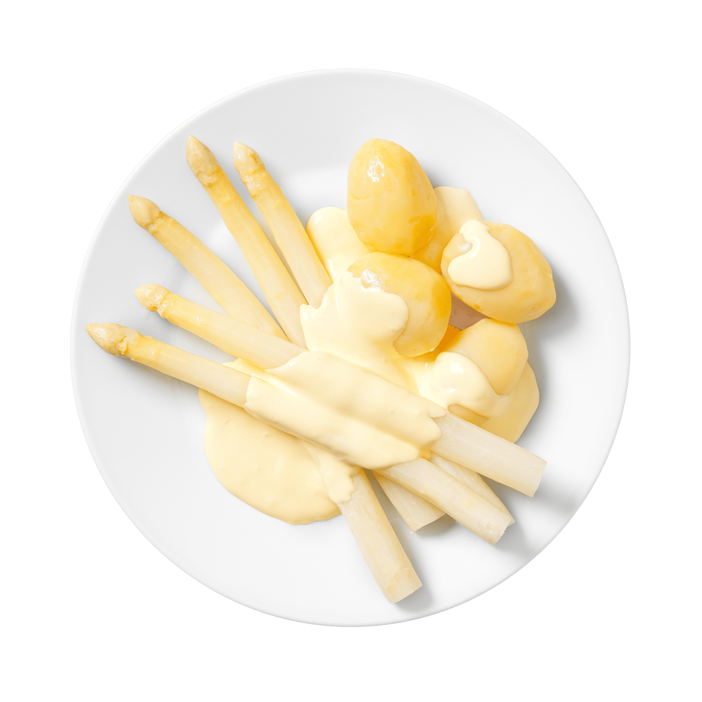 A plate with boiled potatoes, white asparagus and hollandaise sauce.